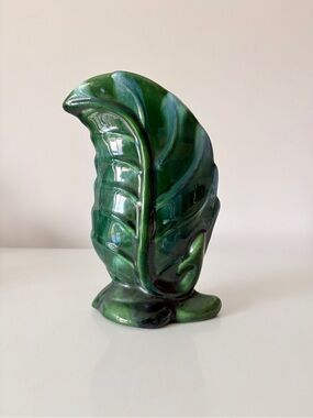 Vintage Royal Haeger Pottery Leaf Vase Green Blue Drip Glaze Mid Century Modern
